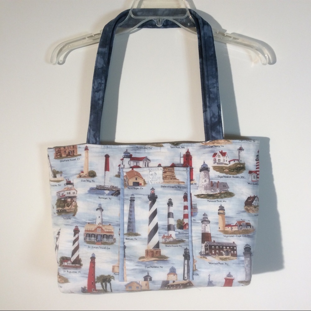 BiRi Lighthouse Tote Blue Nautical Landmarks Bag